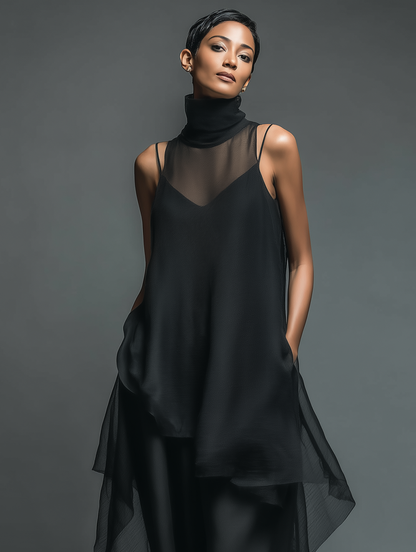 Women's Minimalist Imitation Acetate Slip Dress Paired With A Chiffon Overlay Maxi Dress MDZ2702A3Y