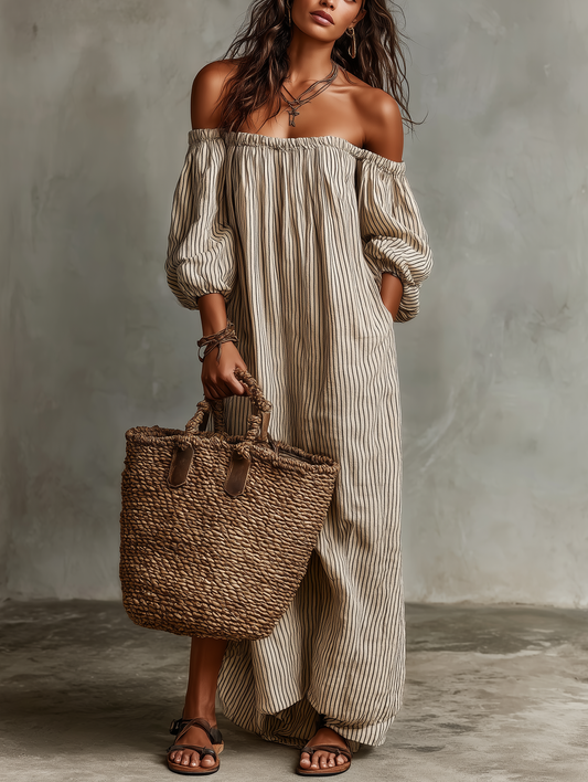 Women's Vacation Cotton-linen Blend Off-shoulder Long-sleeved Maxi Dress MDZ0481B5Y