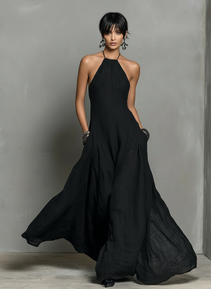 Women's Minimalist Linen Blend Halter Neck Sleeveless Maxi Dress MDZ2210A0Y
