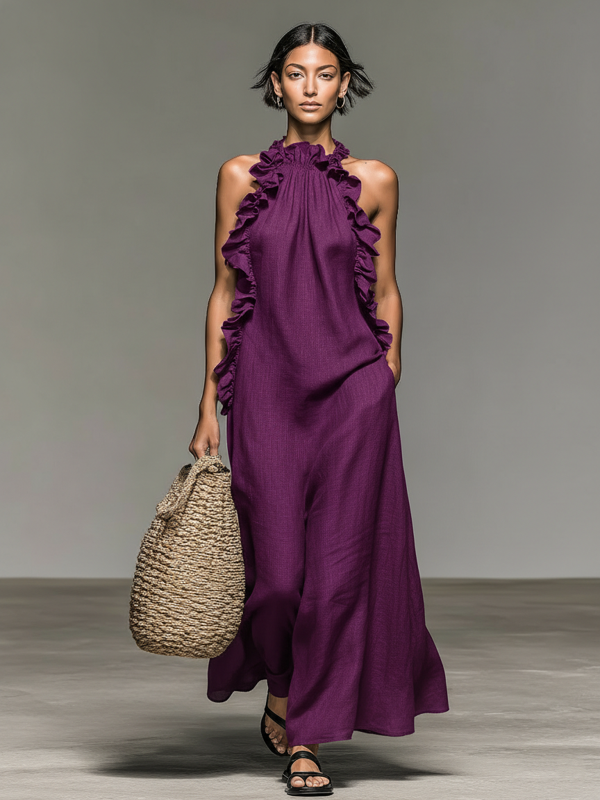 Women's Minimalist Linen-blend Sleeveless Maxi Dress With Ruffle Details MDZ1622A0Y