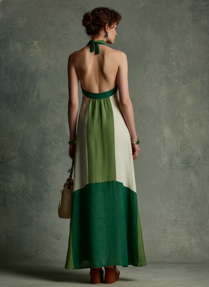 Women's Vacation Style Green And White Color-Block Linen-Cotton Halter V-Neck Waist-Tailored Maxi Dress MDZ2051E3GMJ