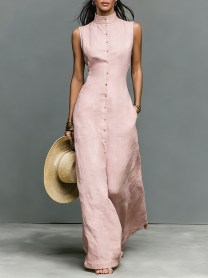 Women's Minimalist Linen-Blend Stand-Collar Single-Breasted Sleeveless Maxi Dress MDZ1049C1Y
