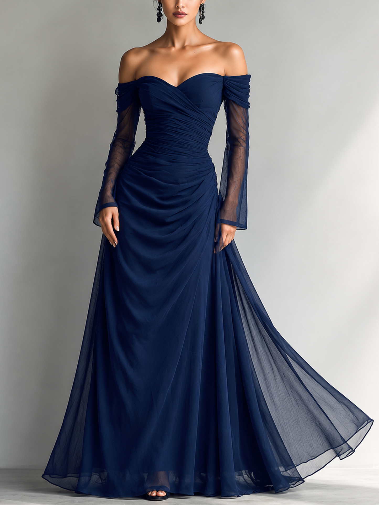 Women's Elegant Dark Blue Chiffon Organza Off-shoulder Long-sleeved Fitted Maxi Dress MDA1711L9AN