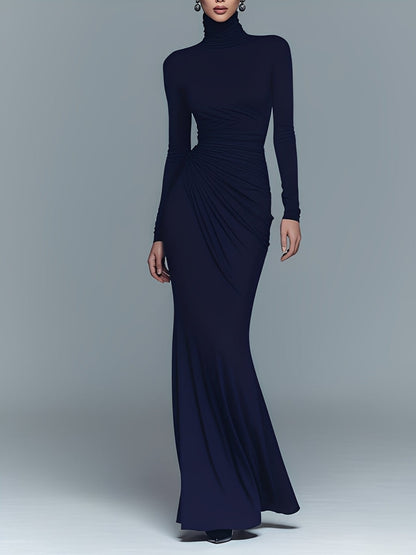 Women's Navy Elegant Stretch Polyester-Cotton Blend Turtleneck Draped Maxi Dress MDA1742J1I